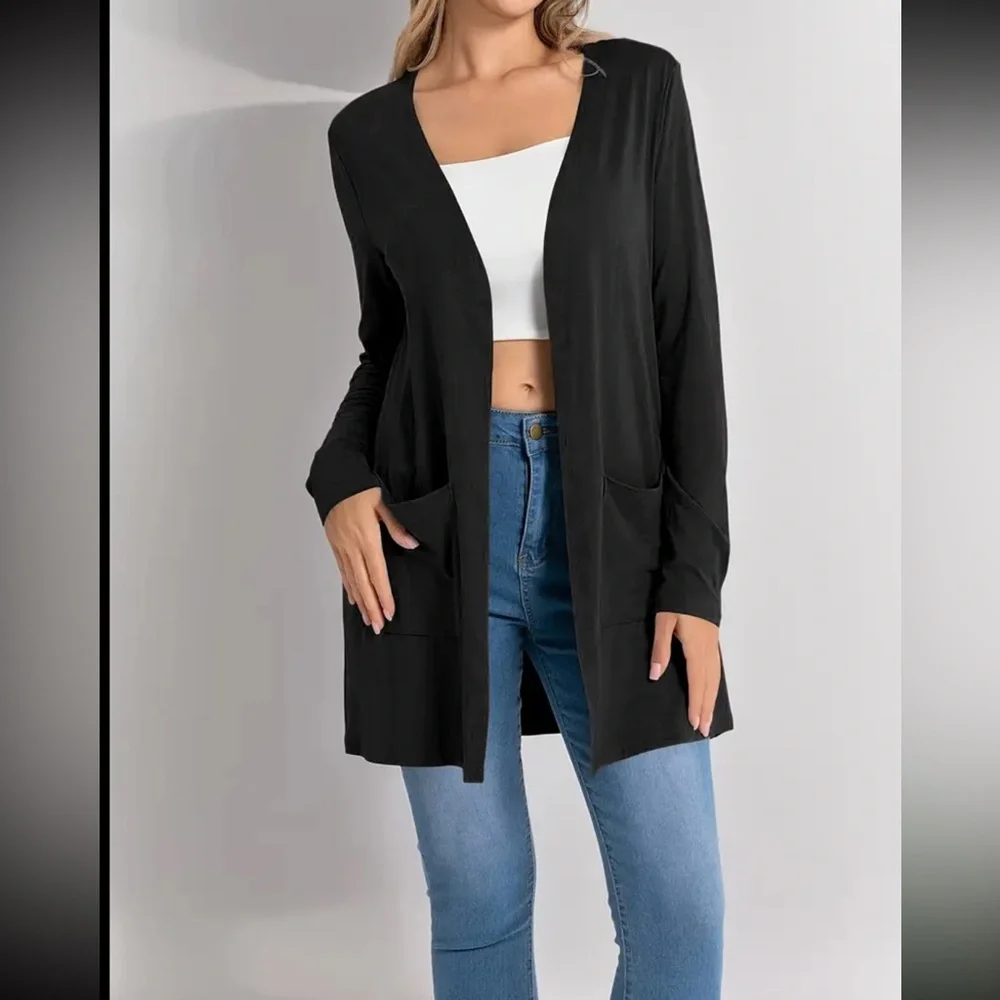 New Black longer style cardigan sweater with pockets womens XL 16 18 - Picture 3 of 6